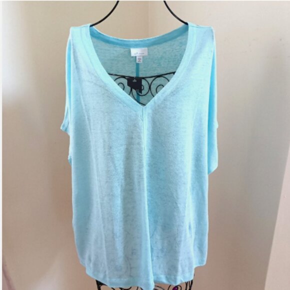 NWT J. Jill Love Linen Knit Top Lightweight Oversized V-neck size 1X Aqua Blue - Picture 1 of 16